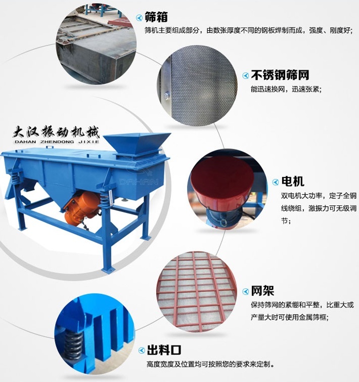 525型直線振動篩結構細節(jié)：篩箱：篩機主要組成部分，由數(shù)張厚度不同的鋼板焊制而成，強度，剛度好。不銹鋼篩網(wǎng)：能速換網(wǎng)，迅速張緊。電機：雙電機大功率，定子全銅線繞組，激振力可無級調(diào)節(jié)。網(wǎng)架：保持篩網(wǎng)的緊繃和平整，比重大或產(chǎn)量大時可使用金屬篩框。出料口：高度寬度及位置均可按照您的要求定制。