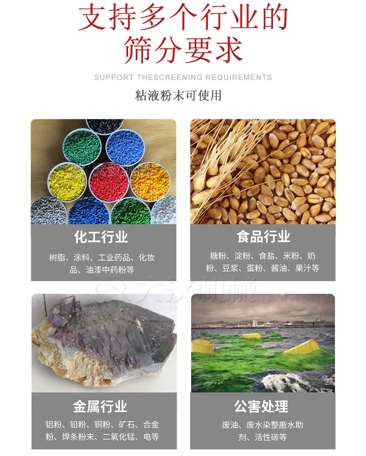 適用于化工行業，食品行業，金屬行業，以及公害處理等行業?；ば袠I：樹脂，涂料，工業藥品，化妝品，油漆，中藥粉等;食品行業：糖粉，淀粉，食用鹽，米粉，奶粉，豆漿，蛋粉，醬油，果汁等;金屬行業：鋁粉，鉛粉，銅粉，礦石，合金粉，焊條粉末，二氧化錳，電等。公害處理：廢油，廢水染整廒水助劑，活性炭等。超聲波振動篩支持挑選定制常見的有：不銹鋼，碳鋼，全不銹鋼三種規格。不銹鋼：耐腐蝕，耐高溫適合化工行業,碳鋼：鋼性強，硬度高經久耐用,全不銹鋼：機身經久耐用不易生銹不易腐蝕超聲波振動篩共有一到四層可供選擇。大漢超聲波振動篩優勢：篩分效率高，篩分精度高，產量可提高0.5-10倍適用于：大米，米粉，綠豆，小米等。輕松解決堵網問題適用10目-635目之間的物料。