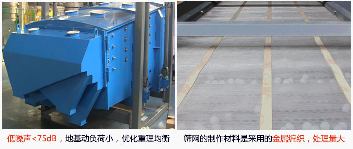 方形搖擺篩采用低噪聲<75dB，地基動負荷小，優化重理均衡；篩網的制作材料是采用的金屬編織，處理量大。
