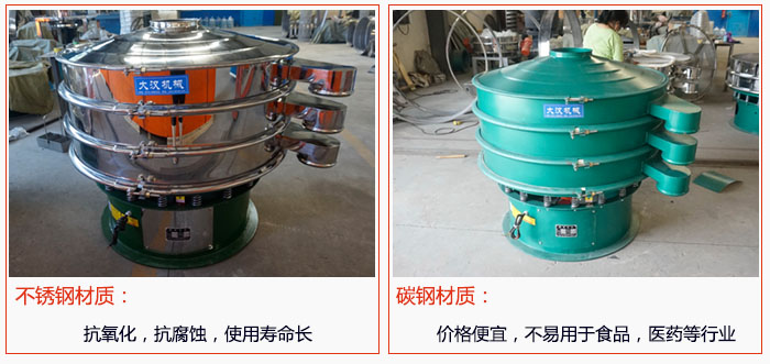 800型振動篩有不銹鋼和碳鋼兩種材質，不銹鋼材質：抗氧化，抗腐蝕，使用壽命長 碳鋼材質：價格便宜，不易篩分食品，化工，醫藥等行業的物料。