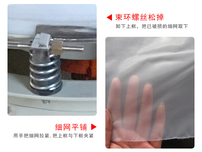 換網步驟：先松開束環，把新的細網平鋪在網架上繃緊
