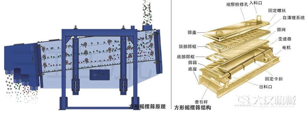方形搖擺篩又稱往復篩，其驅動裝置所產生的振動力是繞固定軸，方向呈一定規律變化的慣性力，其本質是有偏心輪繞定軸轉動所形成的往復慣性力。由于其慣性帶動物料的運動從而實現方形搖擺篩的篩分效果。該結構是由：篩蓋，頂部篩框，底部篩框，篩網，出料口等部件組成。
