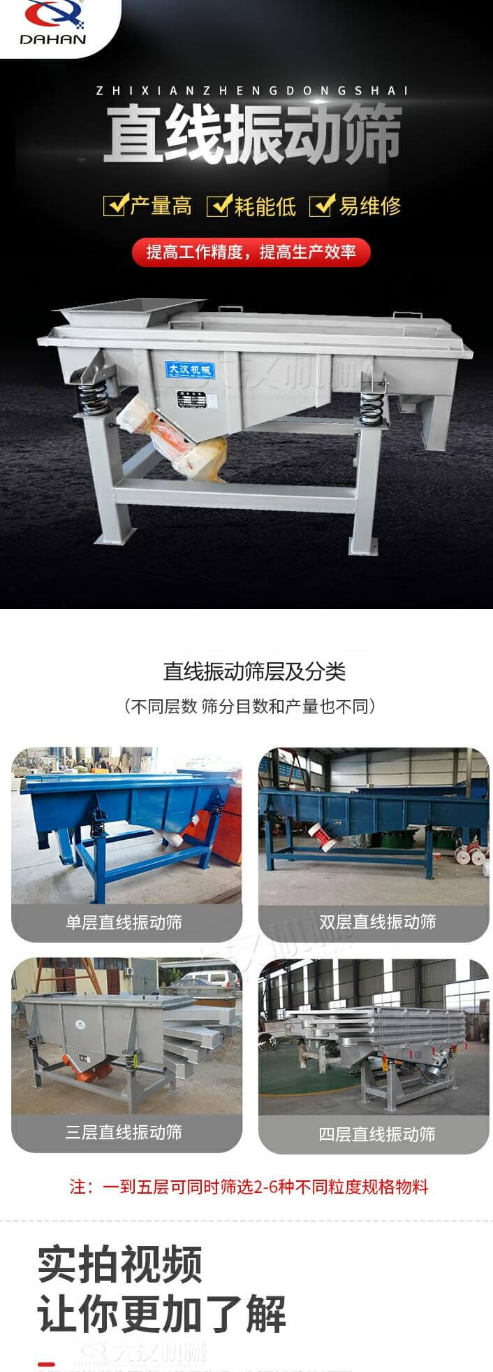 直線振動篩概述，產量高，耗能低，易維修，提高工作精度，提高生產效率，直線振動篩層級分類：不同層數，篩分目數和產量也不同：單層，雙層，三層，四層等。