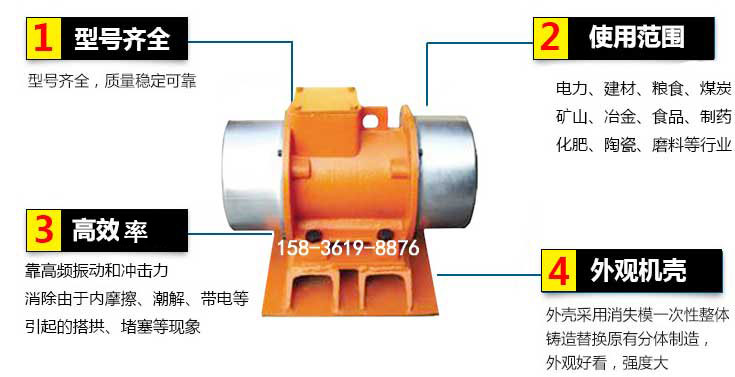 YZS振動電機特點：1，型號齊全：型號齊全，質量穩(wěn)定使用范圍：電力，建材，糧食，煤炭，礦山等行業(yè)。3，效率高：靠高頻振動和沖擊力消除由于內(nèi)摩擦，潮解，帶電等引起的塔拱，堵塞等現(xiàn)象。4，外觀機殼：外殼采用消失模一次性整體鑄造替換原有分體制造。